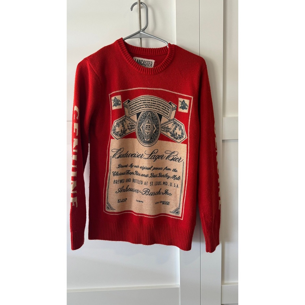 Lancaster Budweiser Lager Beer Red Knit‎ Sweater Mens Small Graphic Pullover